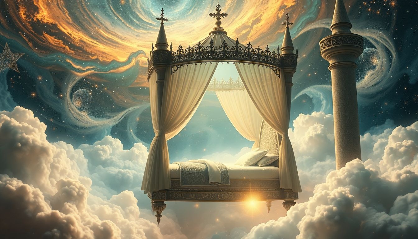 Dromen over hemelbedden in kastelen symboliseren luxe en bescherming.