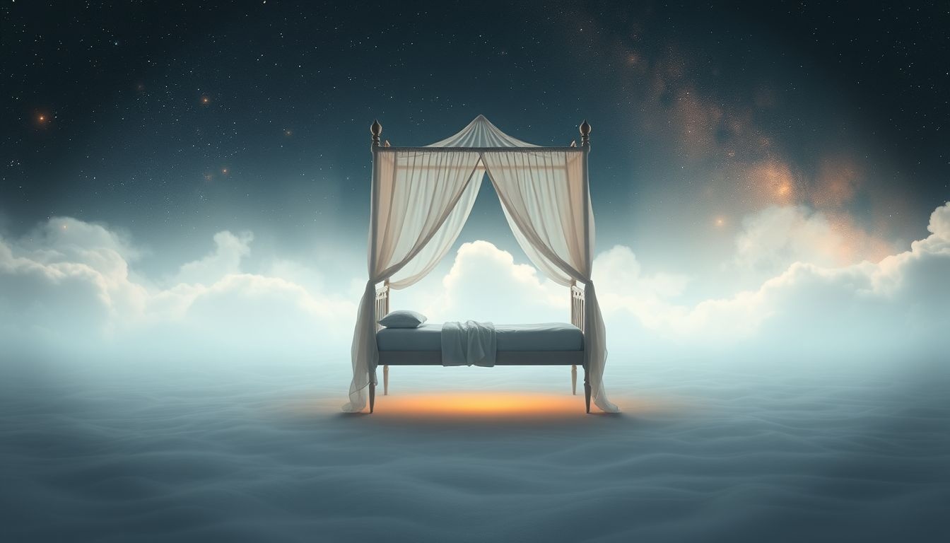 Dromen over hemelbed in lege kamer symboliseert verlangens naar geborgenheid.
