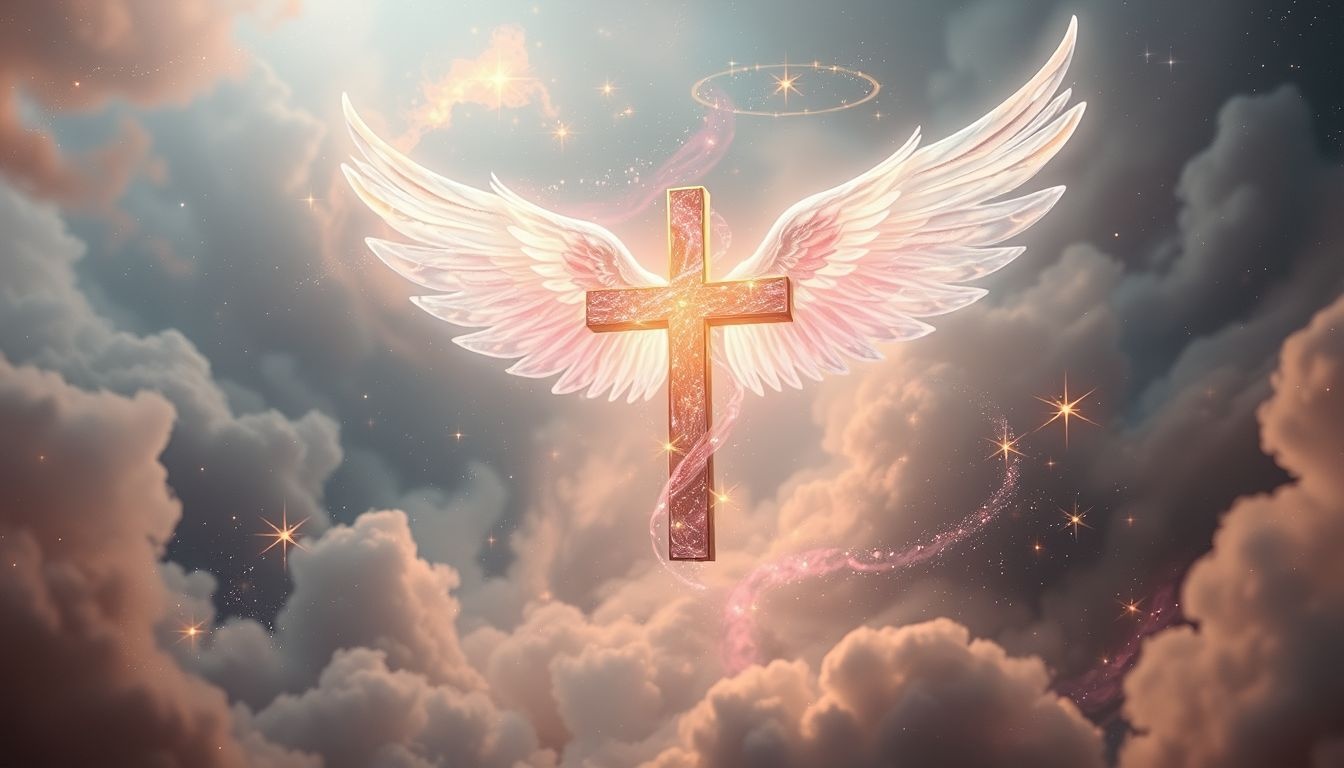 Dromen over een kruis met vleugels symboliseert spirituele bevrijding en bescherming.
