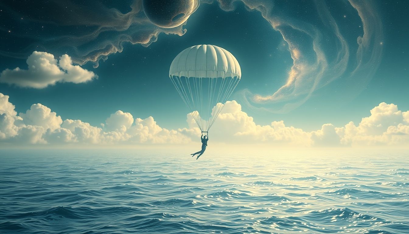 Dromen over parachutes boven zee symboliseren vrijheid en risico’s.
