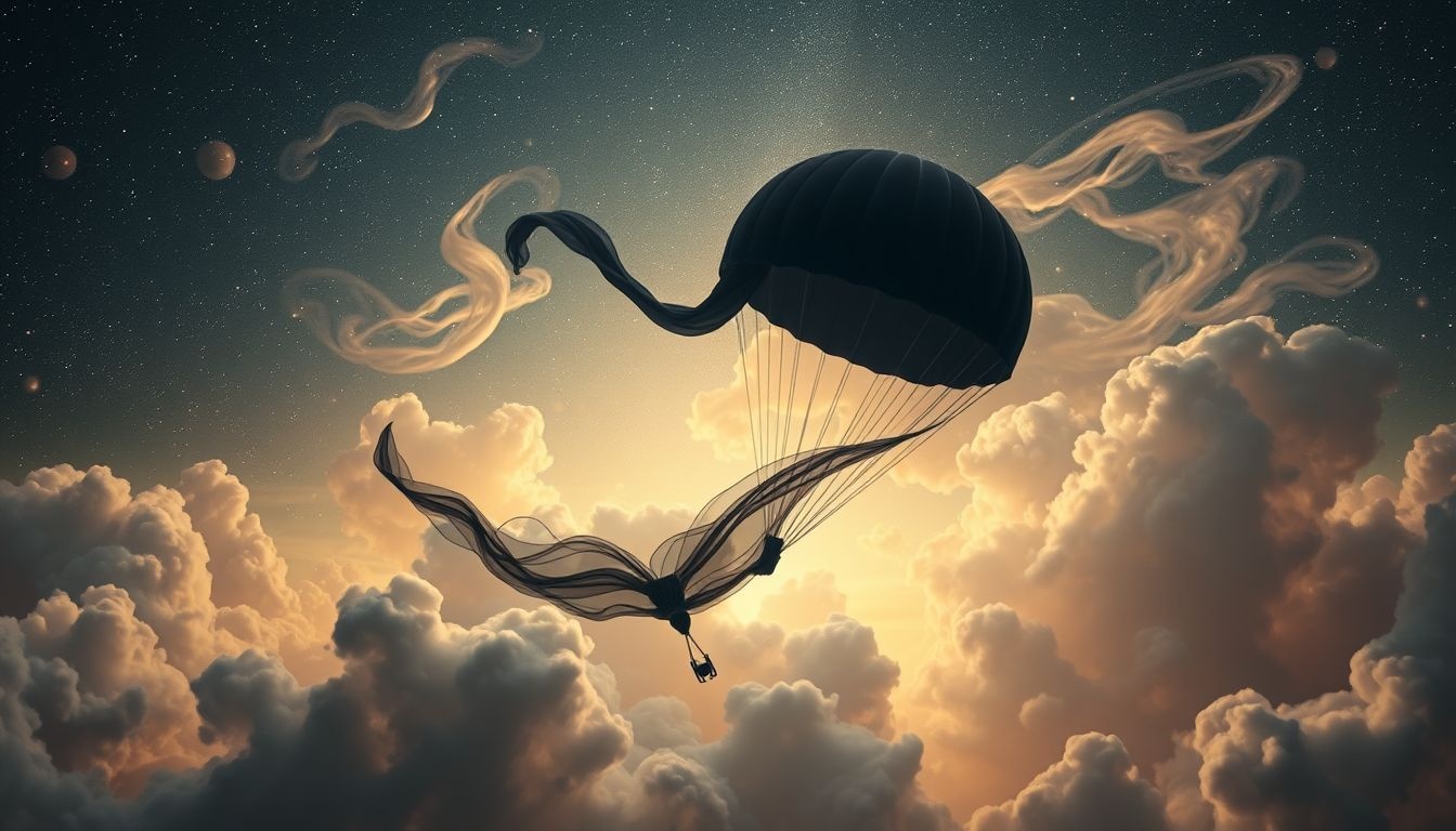 Dromen over een zwarte parachute symboliseren onverwachte bescherming en mysterie.