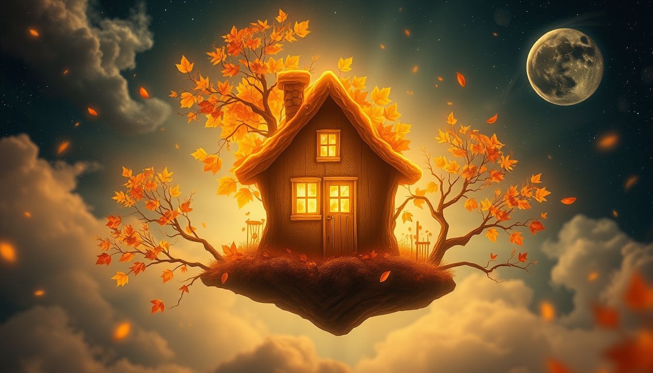 Een boswachterswoning in herfst symboliseert rust en verandering.