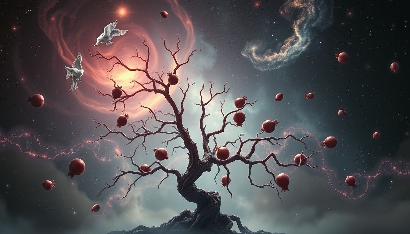 Een dorre granaatappelboom symboliseert vaak verloren vitaliteit en hoop.