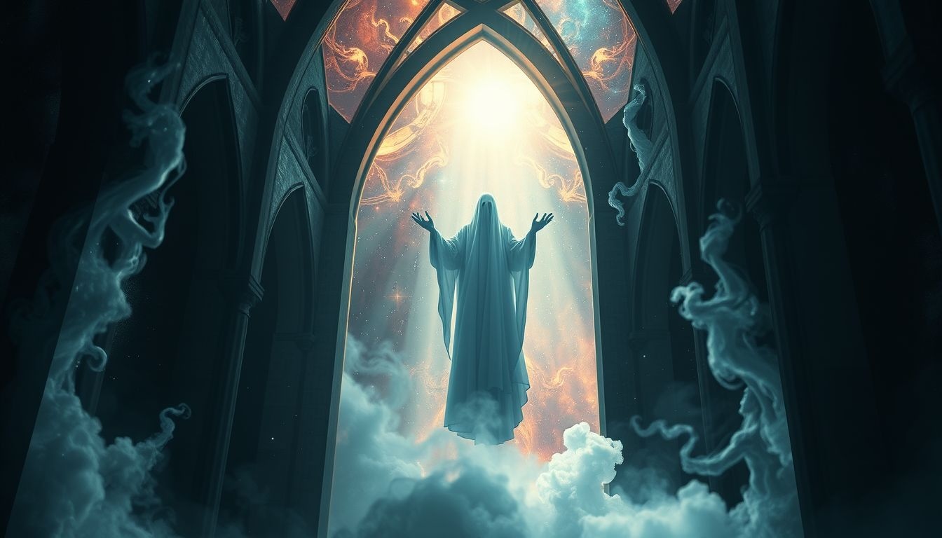 Een exorcist in een kerk symboliseert innerlijke strijd en zuivering.