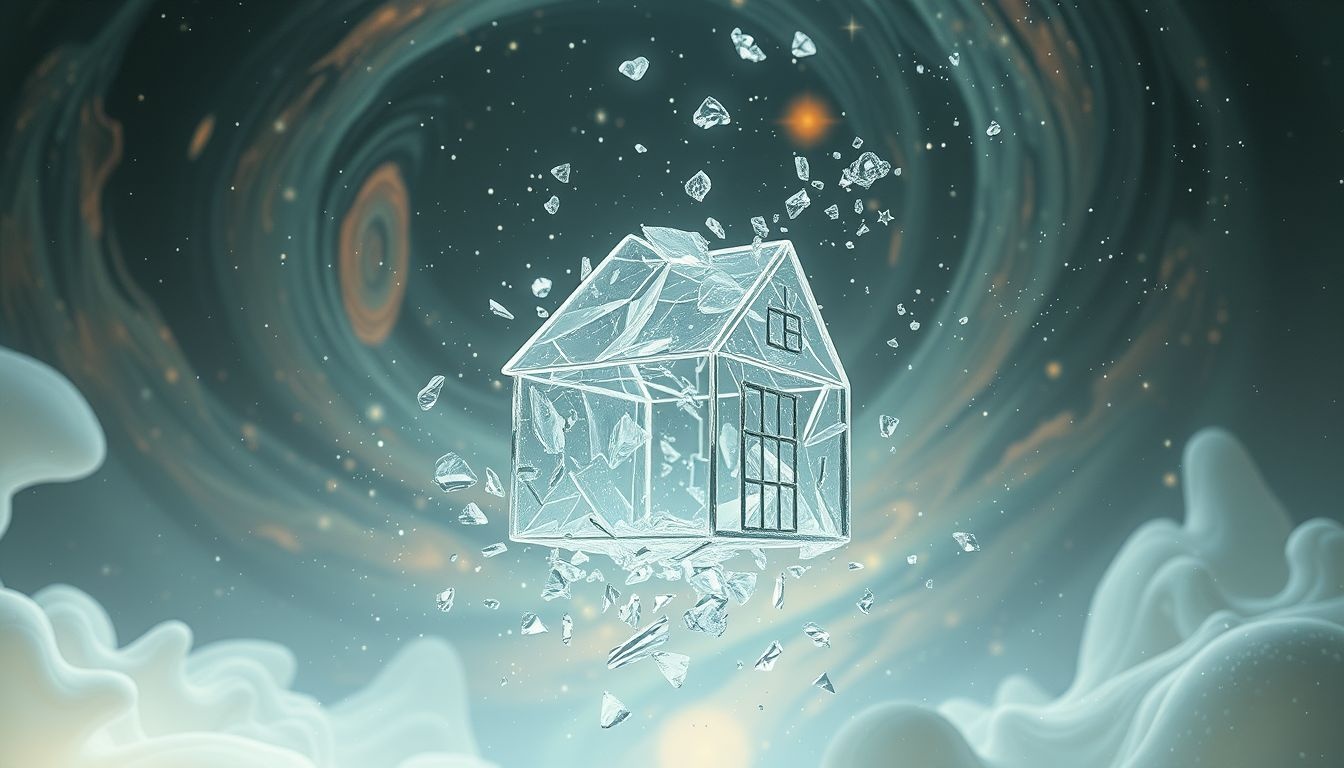Een instortend glazen huis symboliseert kwetsbaarheid en plotseling verlies.