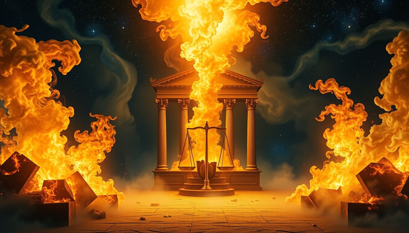 Een rechtbank in brand symboliseert innerlijke conflicten en onrecht.