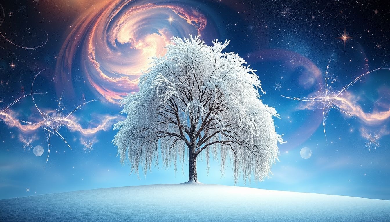 Een besneeuwde weideboom symboliseert stilstand en innerlijke rust.