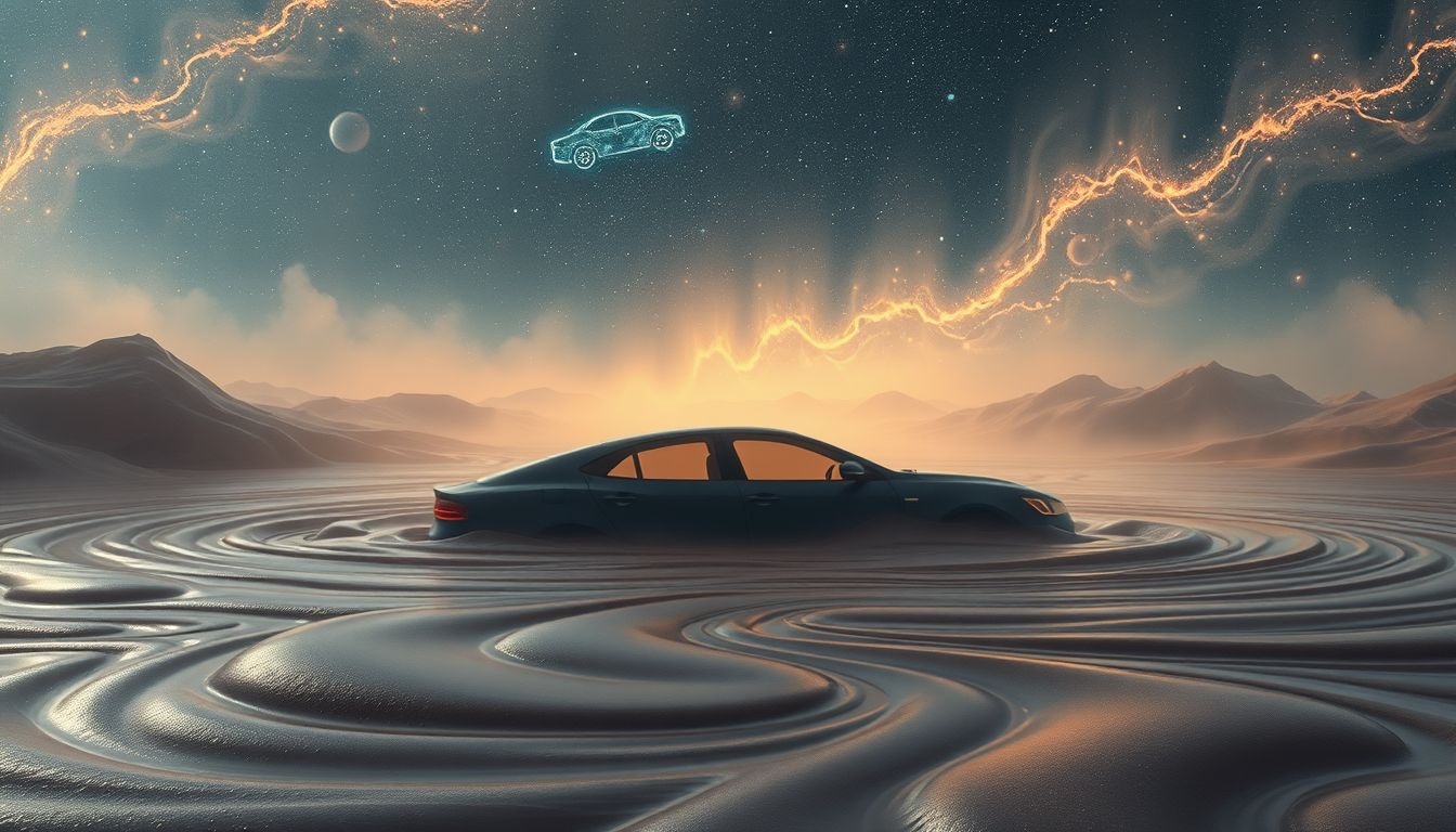 Een autotransporter vast in modder symboliseert stagnatie in vooruitgang.