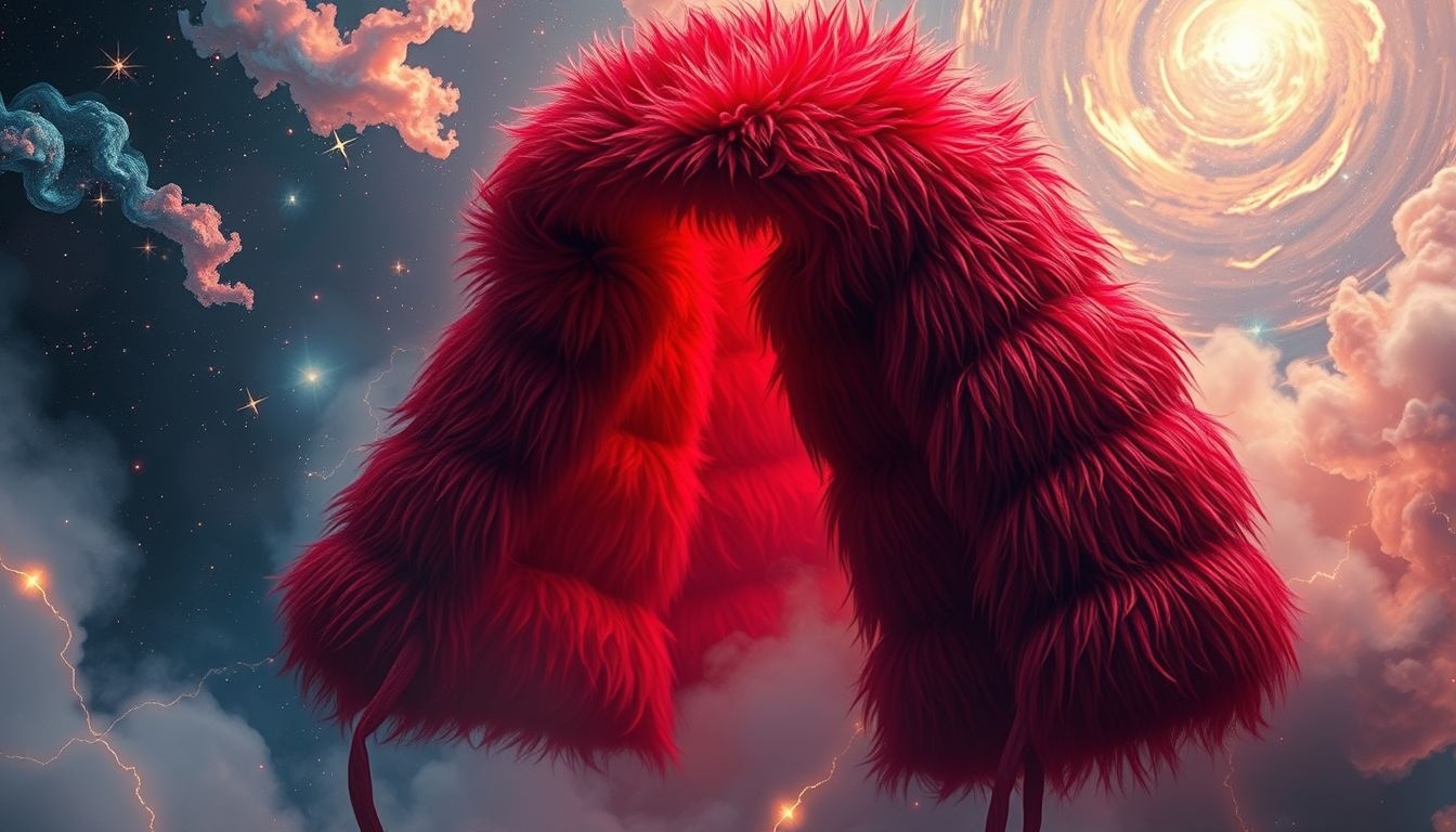 Een koepelvormige bontjas bedekt met bloed symboliseert innerlijke strijd.