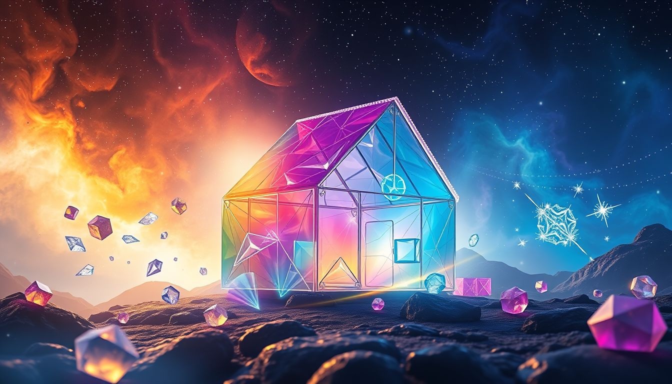 Een glazen huis dat van kleur verandert symboliseert emotionele transformatie.