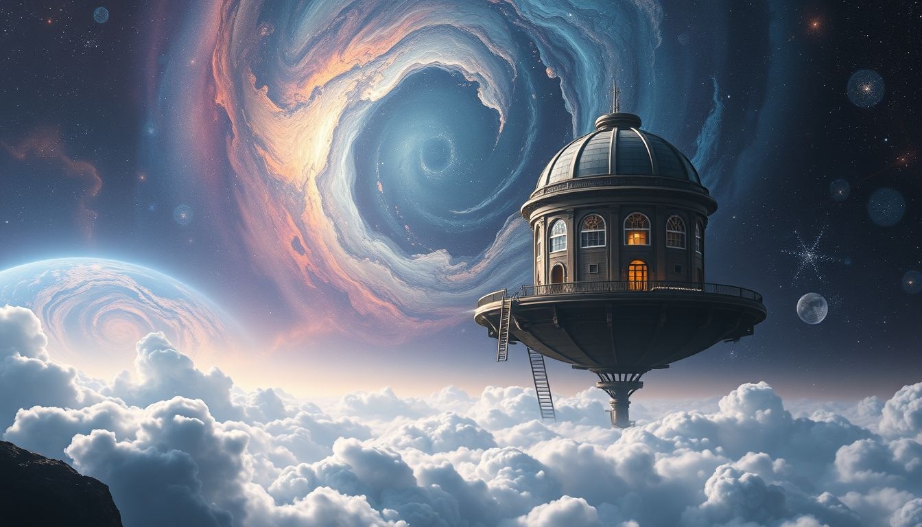 Een zwevende sterrenwacht symboliseert spirituele groei en ontdekking.
