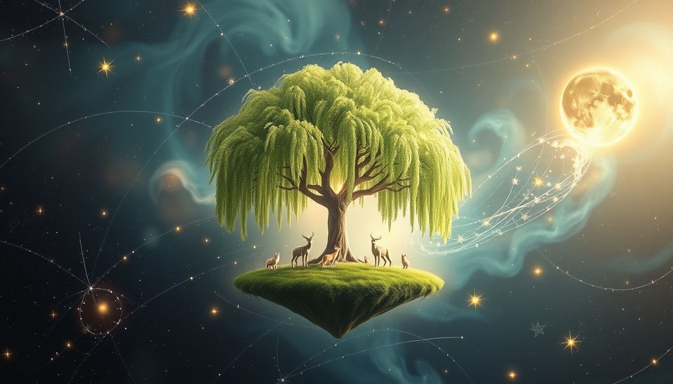 Een weideboom met dieren symboliseert harmonie tussen natuur en intuïtie.