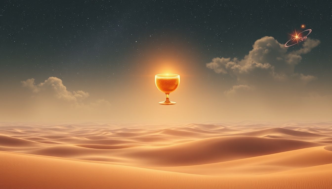 Een drinkvat in de woestijn symboliseert hoop en overleving.