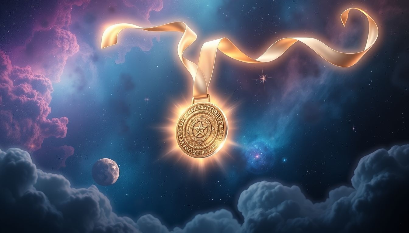 Een lint met zware medaille symboliseert erkenning voor grote prestaties.