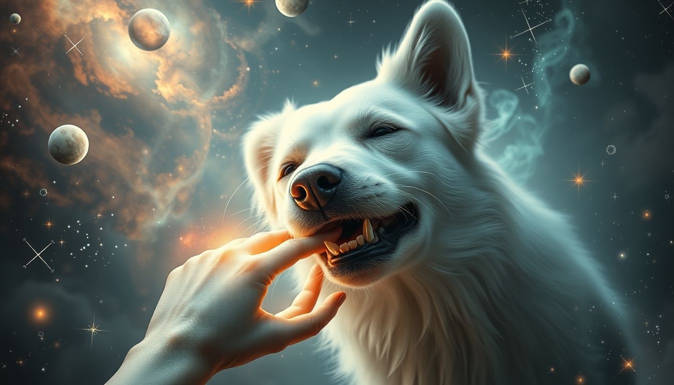 Een witte hond die bijt symboliseert onverwachte bedreigingen of conflicten.