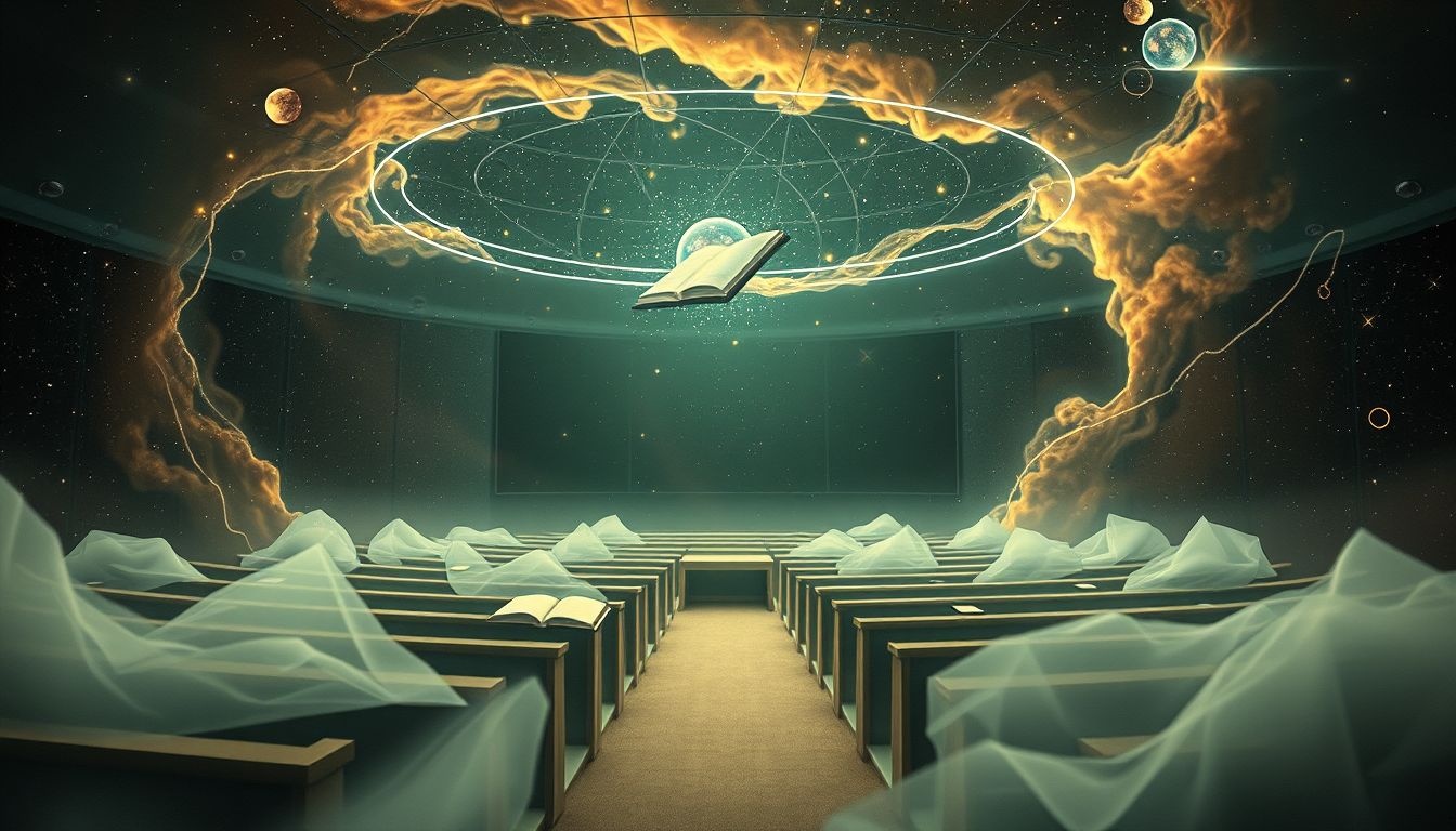 Een collegezaal zonder ramen symboliseert beperkte inzichten en geslotenheid.