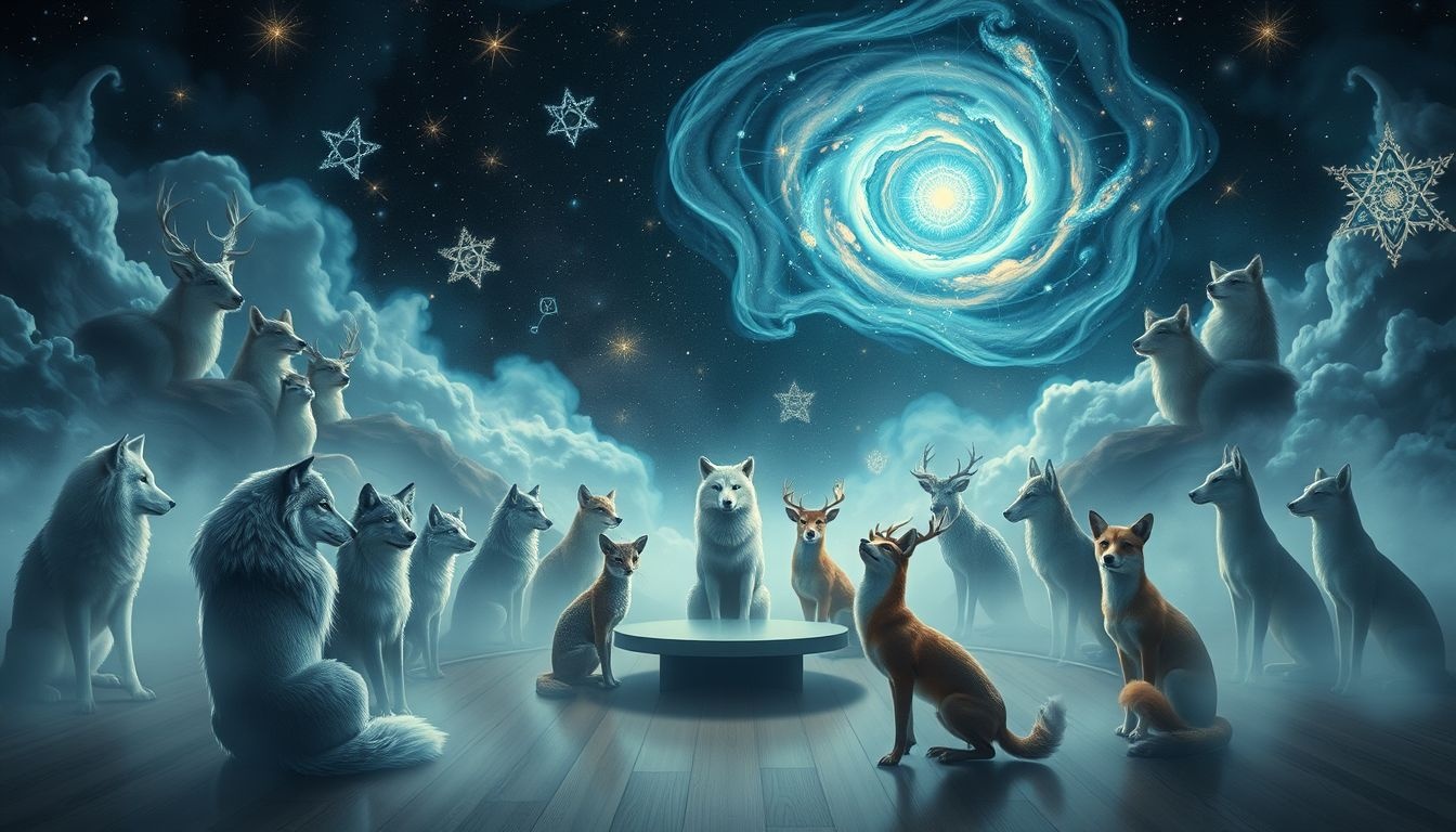 Een vergaderzaal vol dieren symboliseert innerlijke conflicten en instincten.
