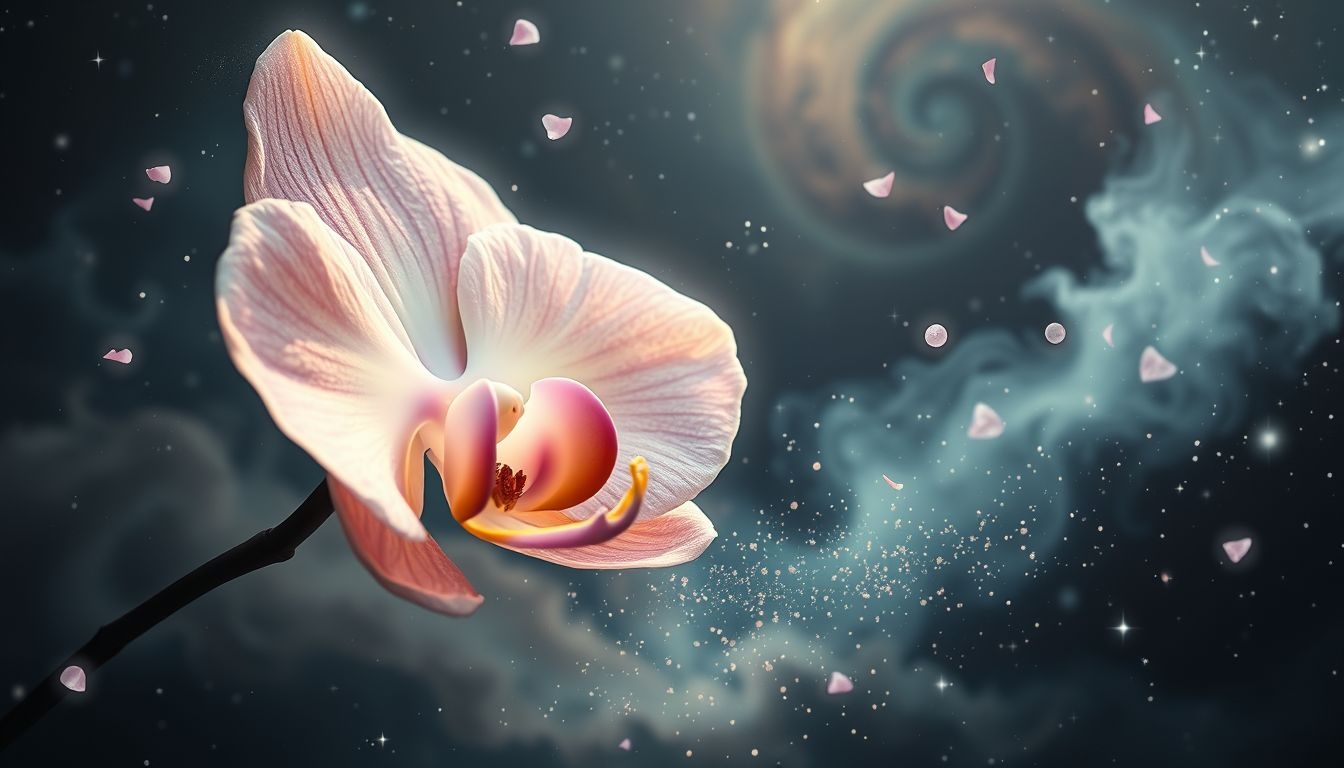 Een verwelkende orchidee symboliseert verloren schoonheid en vergankelijkheid.