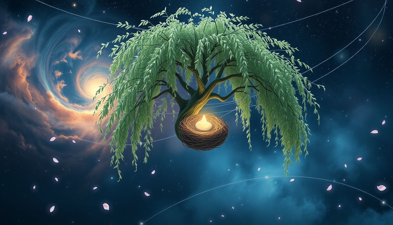 Een weideboom met nest symboliseert groei en bescherming in dromen.
