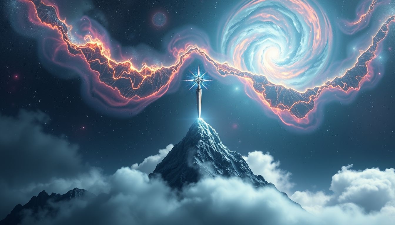 Ridderspoor op bergtop symboliseert spirituele groei en kracht.