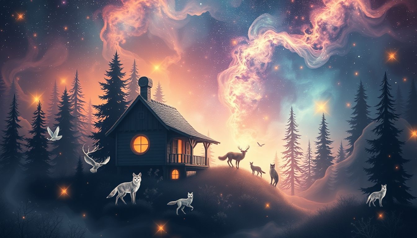 Een boswachterswoning vol dieren symboliseert innerlijke harmonie en balans.