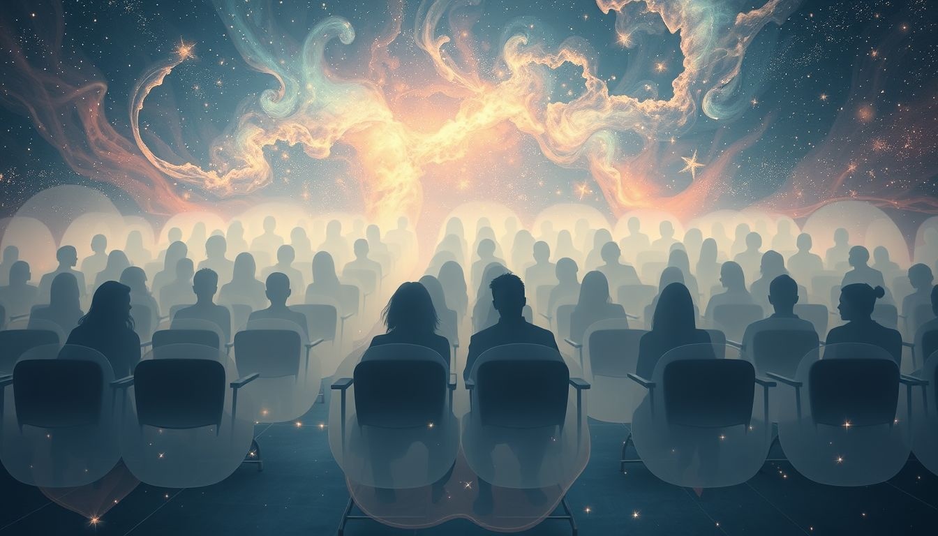 Een collegezaal vol bekende gezichten symboliseert sociale erkenning.
