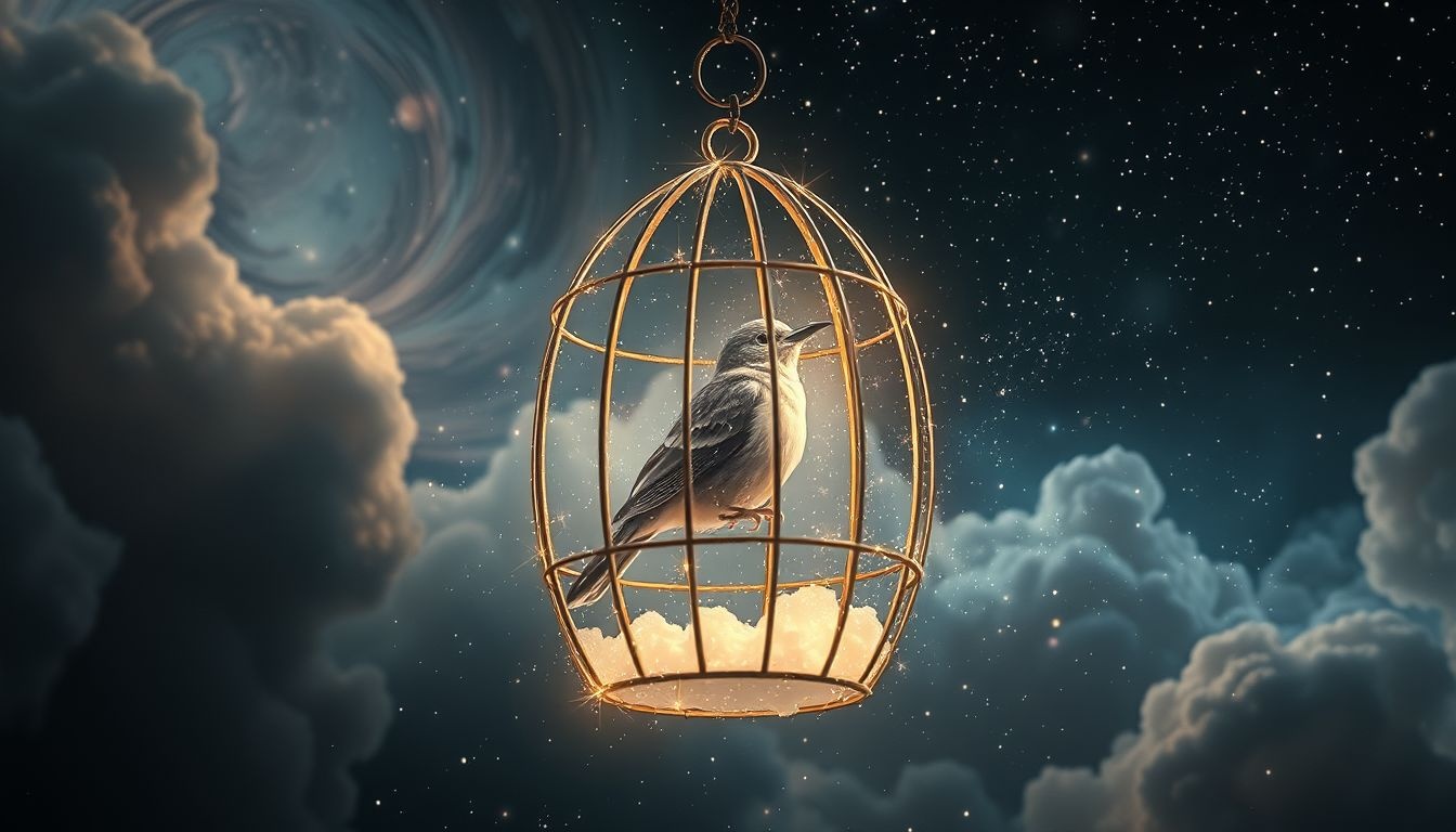 Een spreeuw in een kooi symboliseert beperkende gedachten en emoties.
