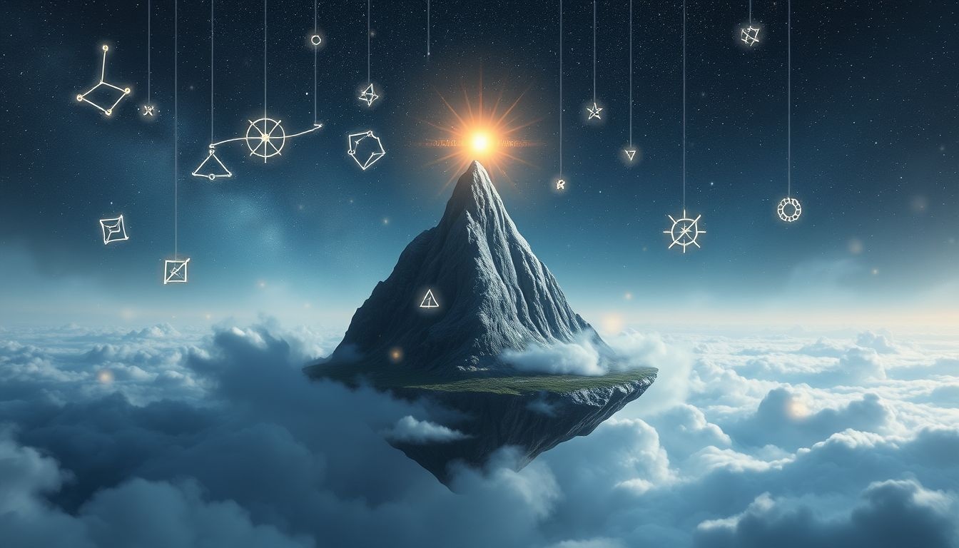 Dromen over een meetpunt in bergen symboliseert doelgerichtheid en avontuur.