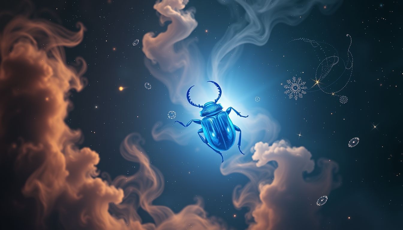 De blauwe scarabee symboliseert spirituele transformatie en innerlijke kracht.