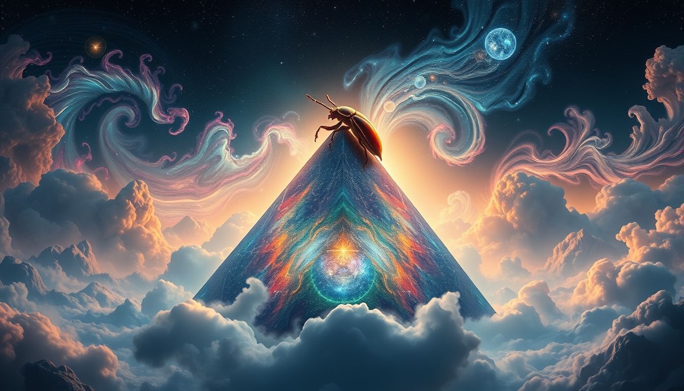 Een scarabee op een piramide symboliseert wedergeboorte en beschermende kracht.