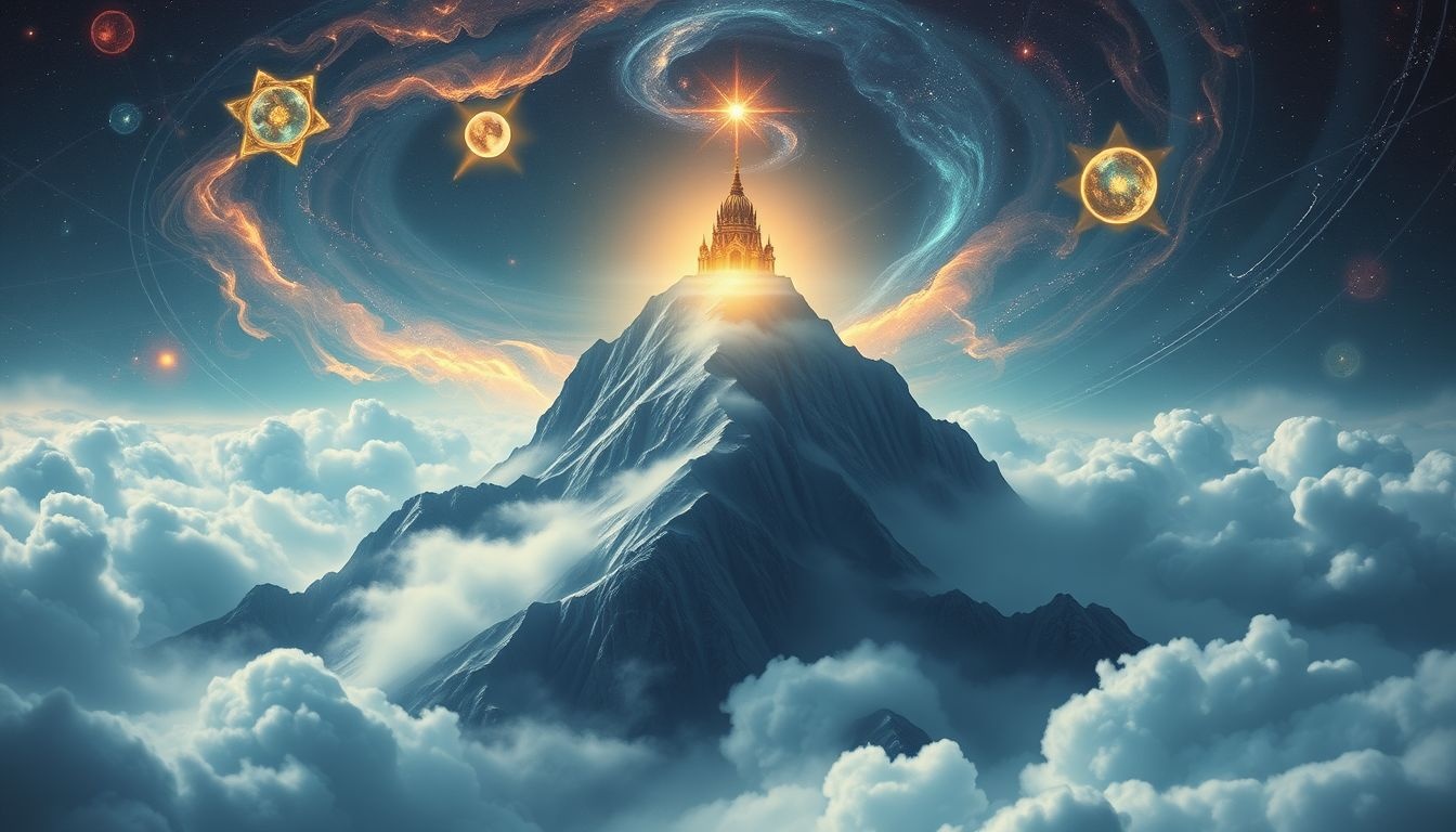 Een berg met een tempel symboliseert zoektocht naar innerlijke verlichting en rust.