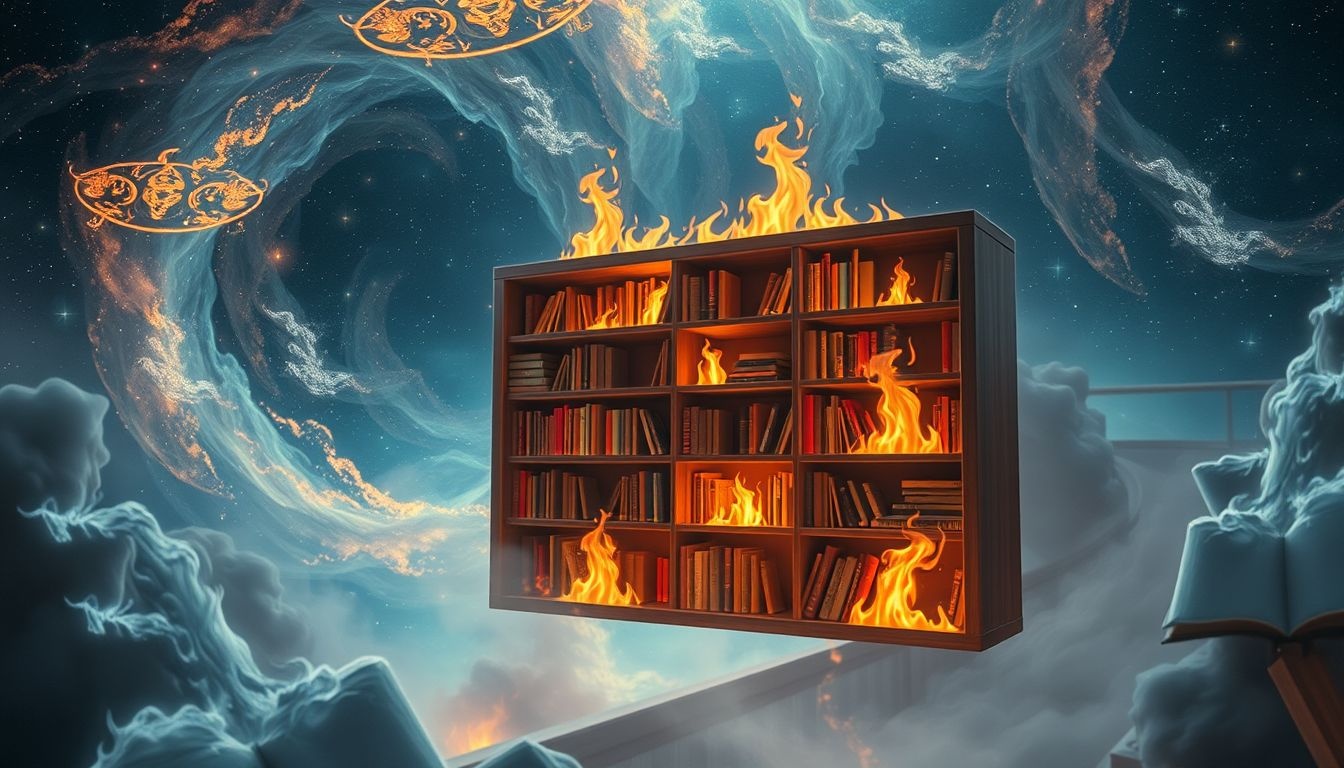 Een brandende boekenplank symboliseert verloren kennis en gemiste kansen.