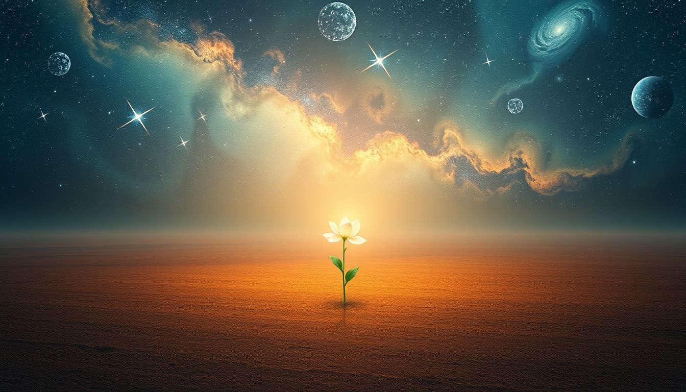 Een bloem op braakliggend veld symboliseert hoop en nieuw begin.