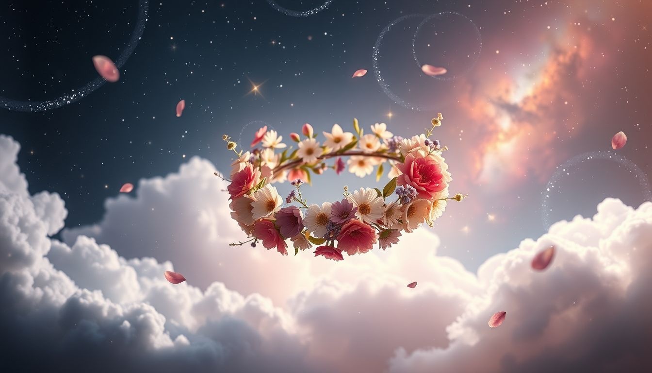 Een gemengde bloemenkrans symboliseert harmonie en nieuwe levensfases.