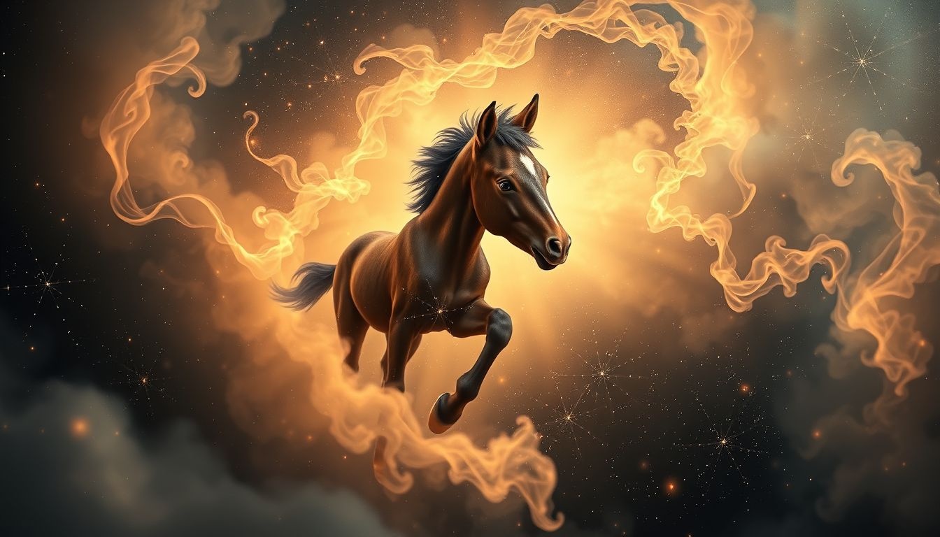 Een donkerbruin paard dat geboren wordt symboliseert nieuw begin.