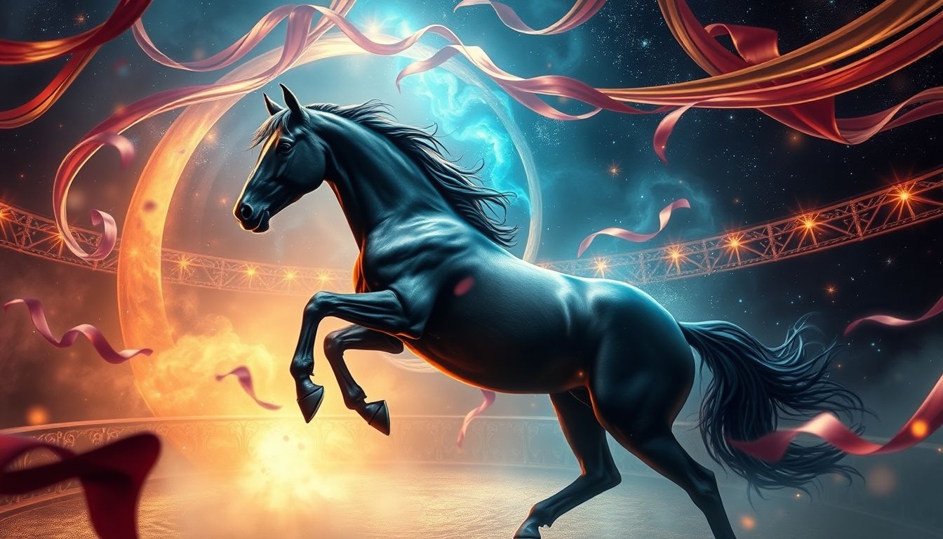 Dromen over donkerbruin paard in circus symboliseert verborgen talenten ontdekken.