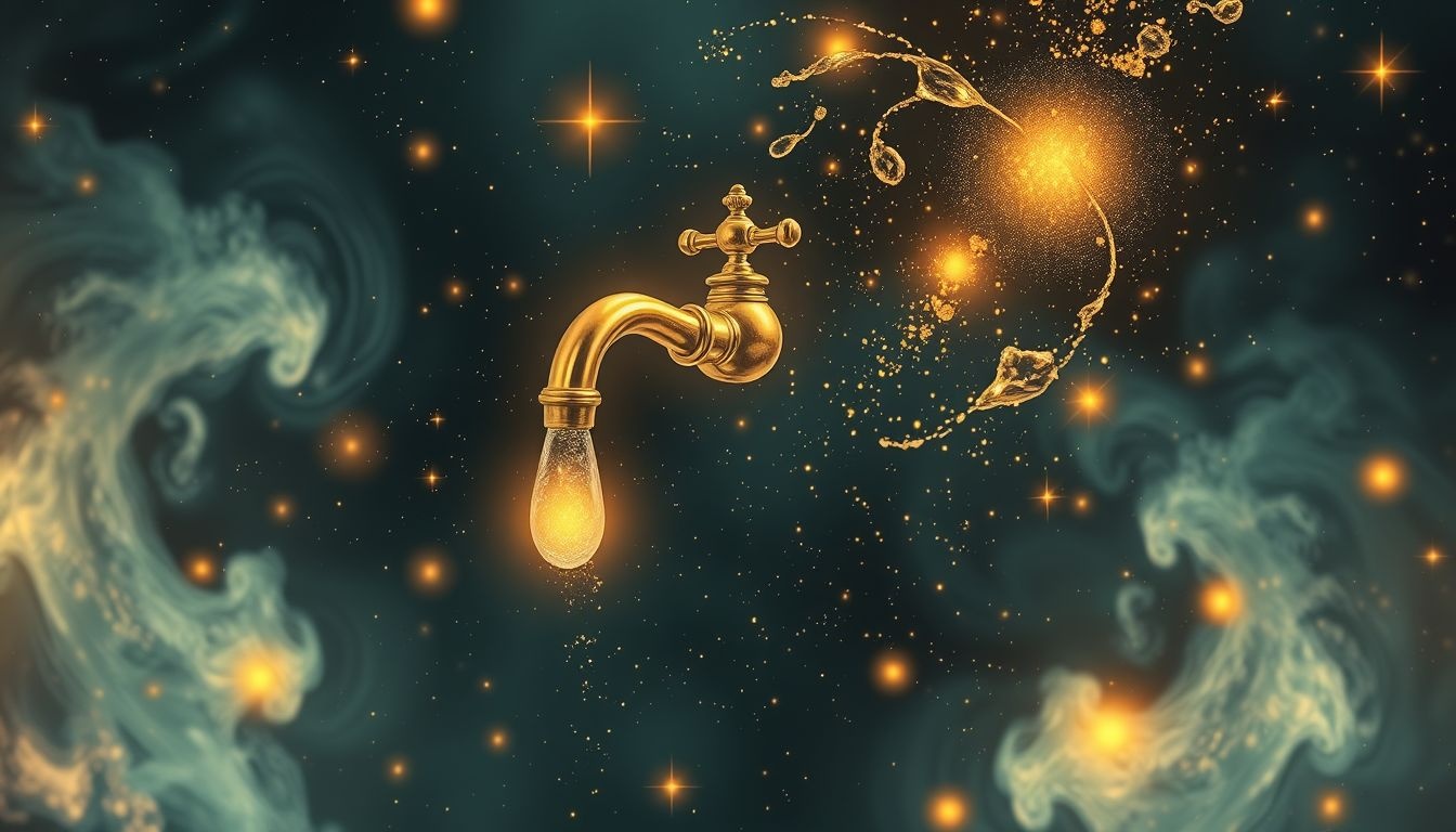 Een gouden keukenkraan symboliseert rijkdom en groeiend zelfvertrouwen.