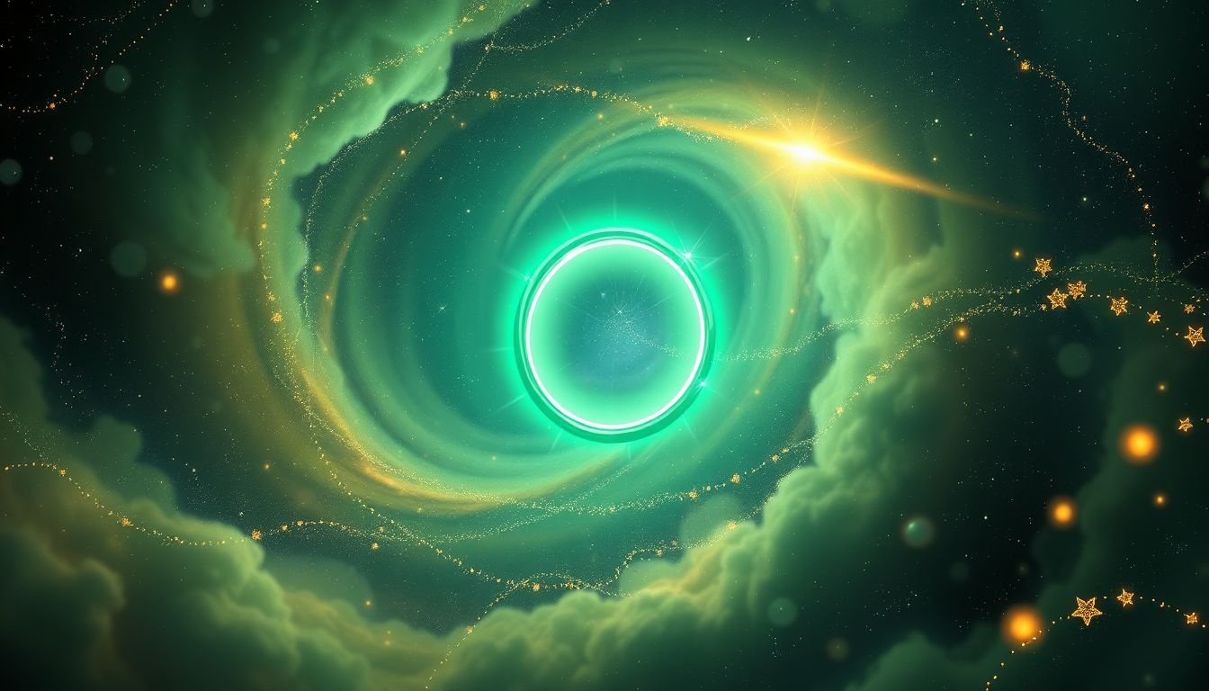 Een lichtgevende smaragden ring symboliseert hoop in donkere tijden.
