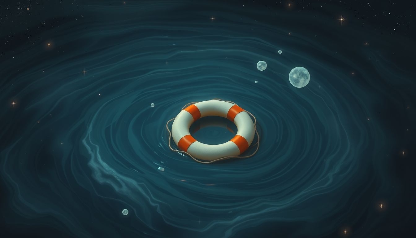 Dromen over een reddingsboei in troebel water symboliseert hoop en hulp.