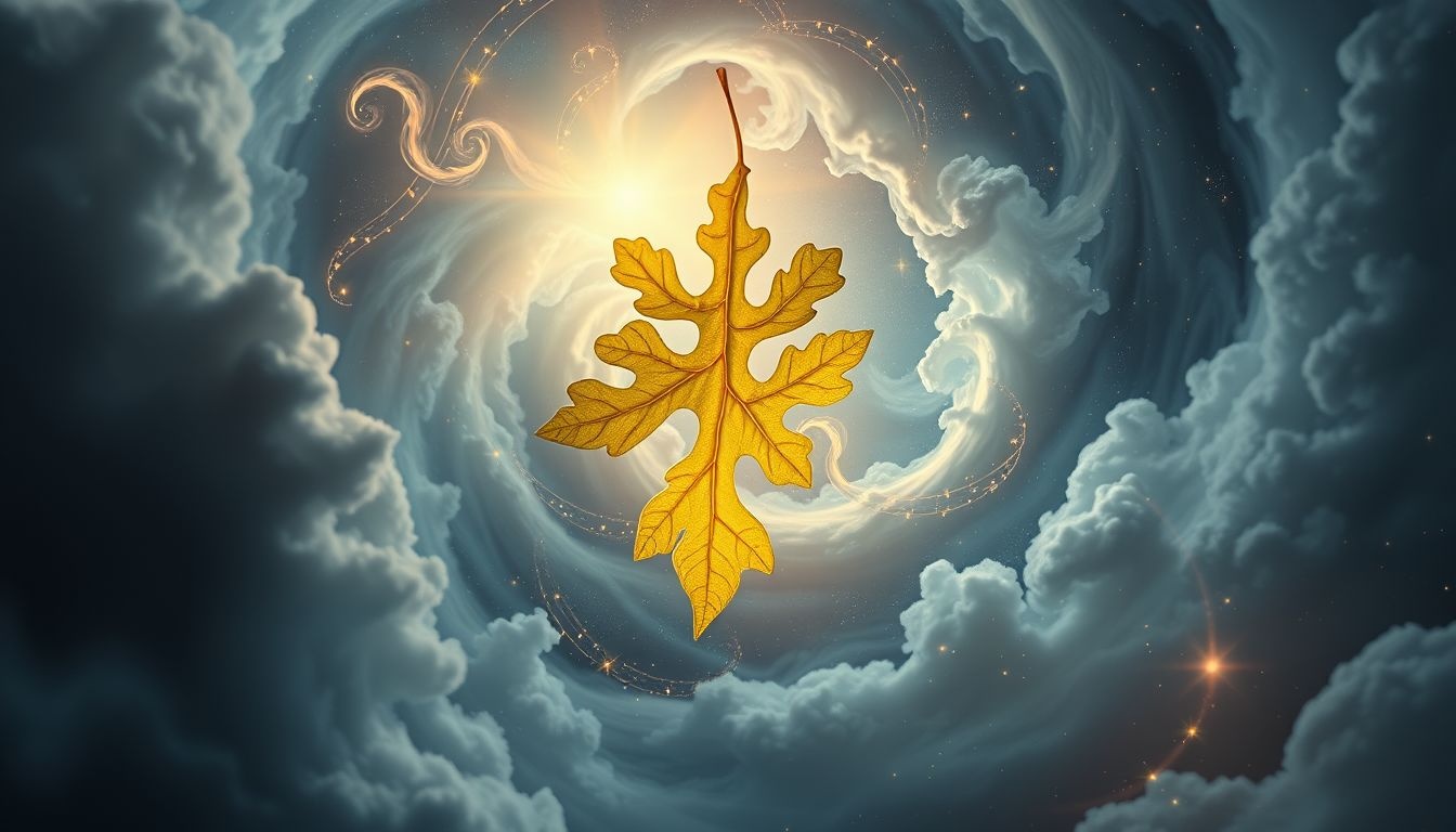 Een vallend eikenblad symboliseert loslaten en overgang in dromen.