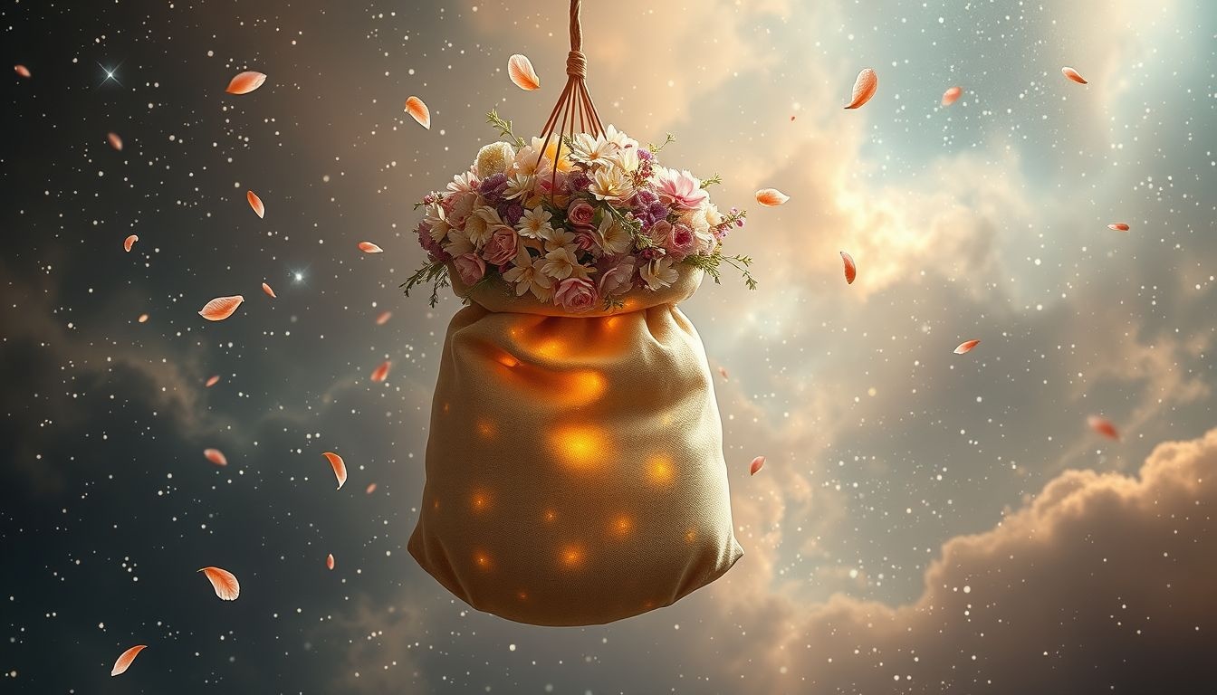 Een volle bloemenzak symboliseert overvloed en nieuwe kansen in dromen.