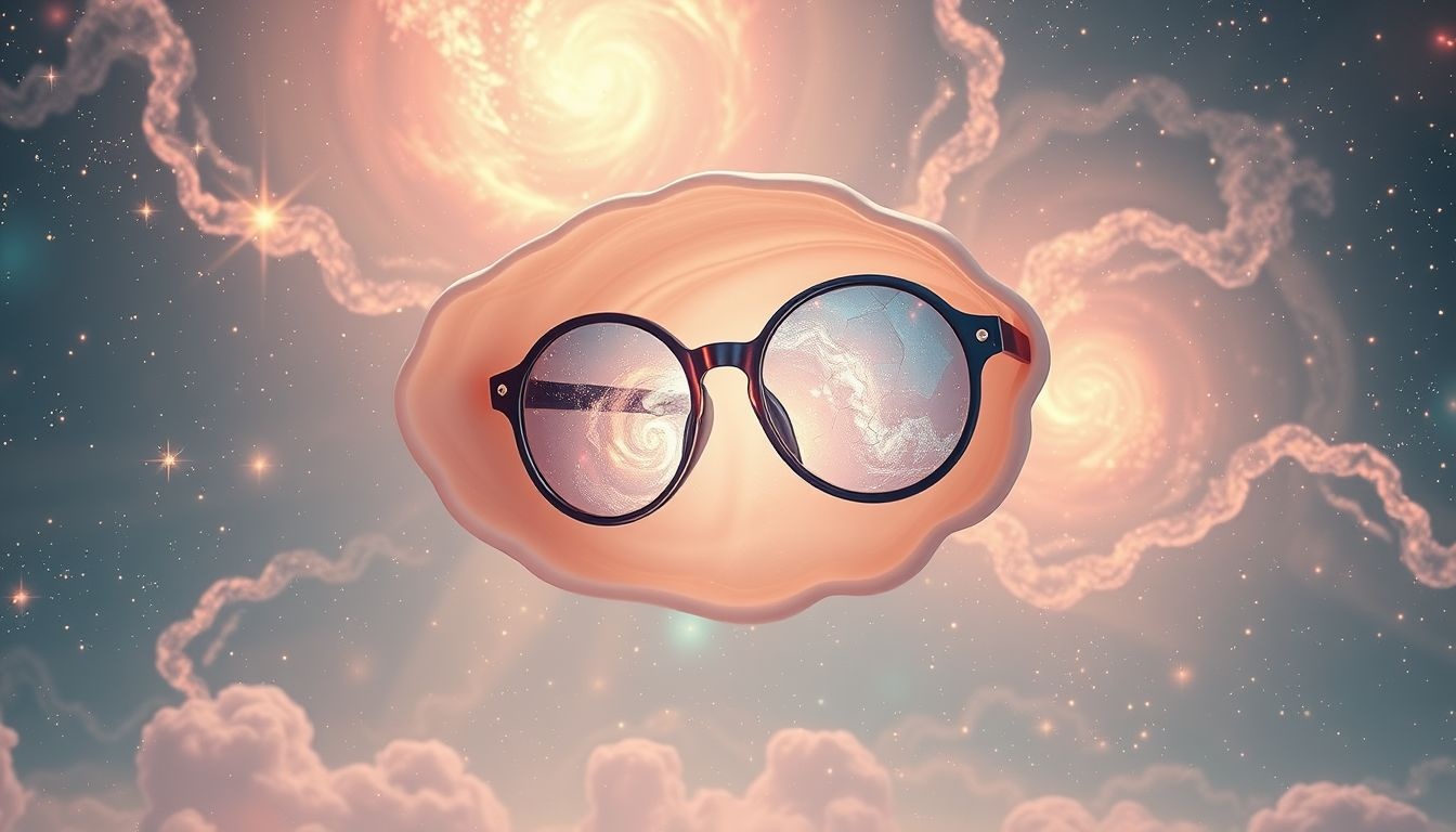 Een schelpbril met vreemde glazen weerspiegelt verwarring in perceptie.