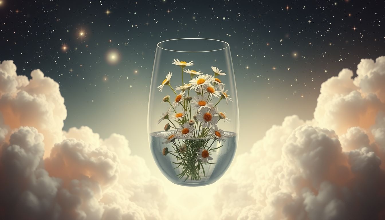 Kamillebloemen in een vaas symboliseren innerlijke rust en genezing.