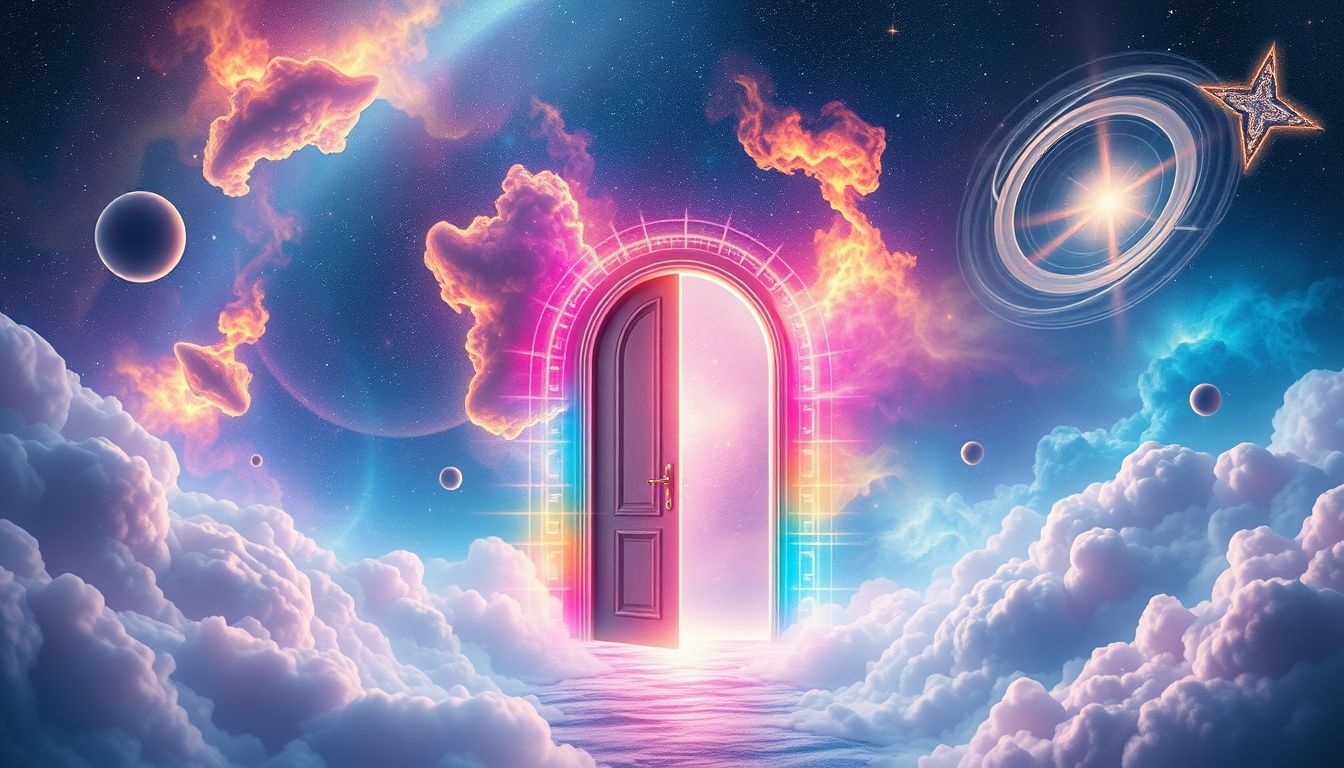 Een kleurveranderende deuropening symboliseert innerlijke transformatie en keuzes.