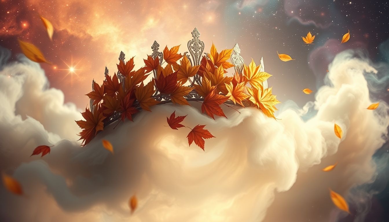 Een wegwaaierende kroon met herfstbladeren symboliseert loslaten van vergankelijke eer.
