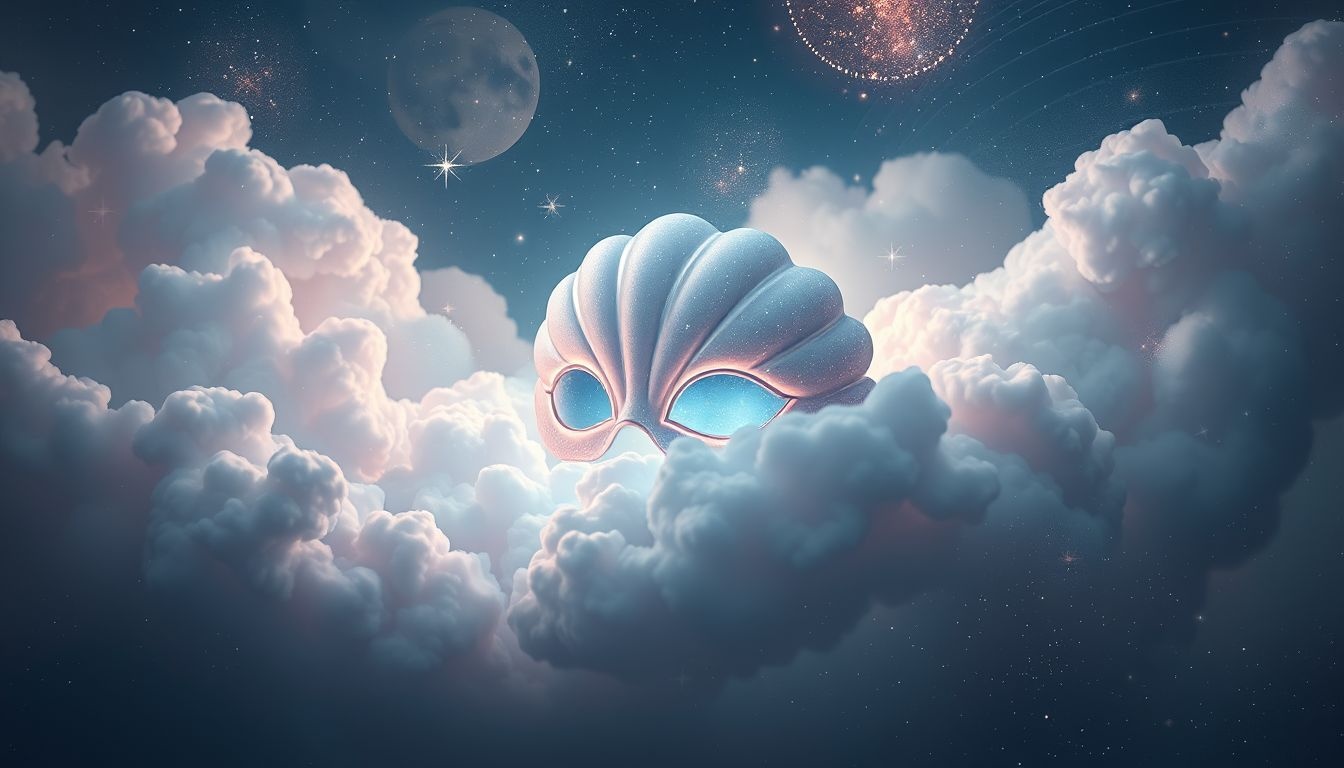 Een schelpbril symboliseert helderheid in een magisch droomlandschap.