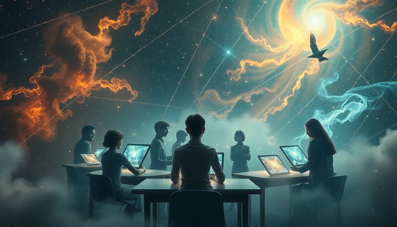 Een tablet in de klas symboliseert leren en technologische vooruitgang.