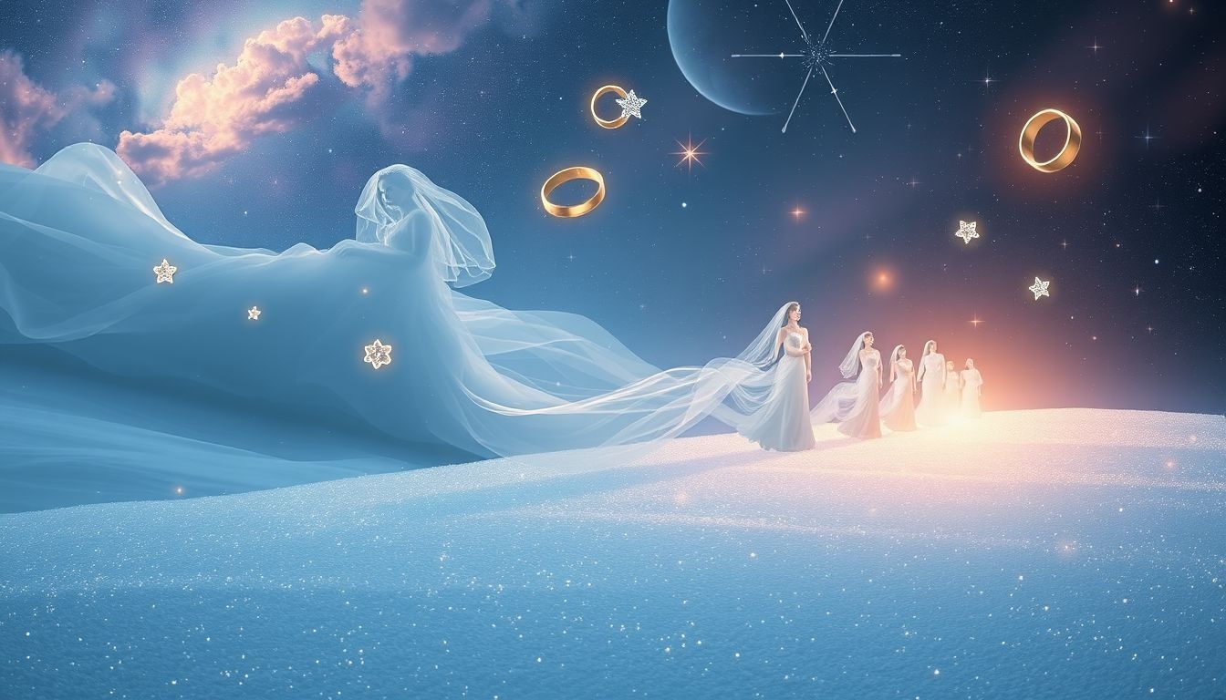 Een bruidsstoet in de sneeuw symboliseert pure, onverzettelijke liefde.