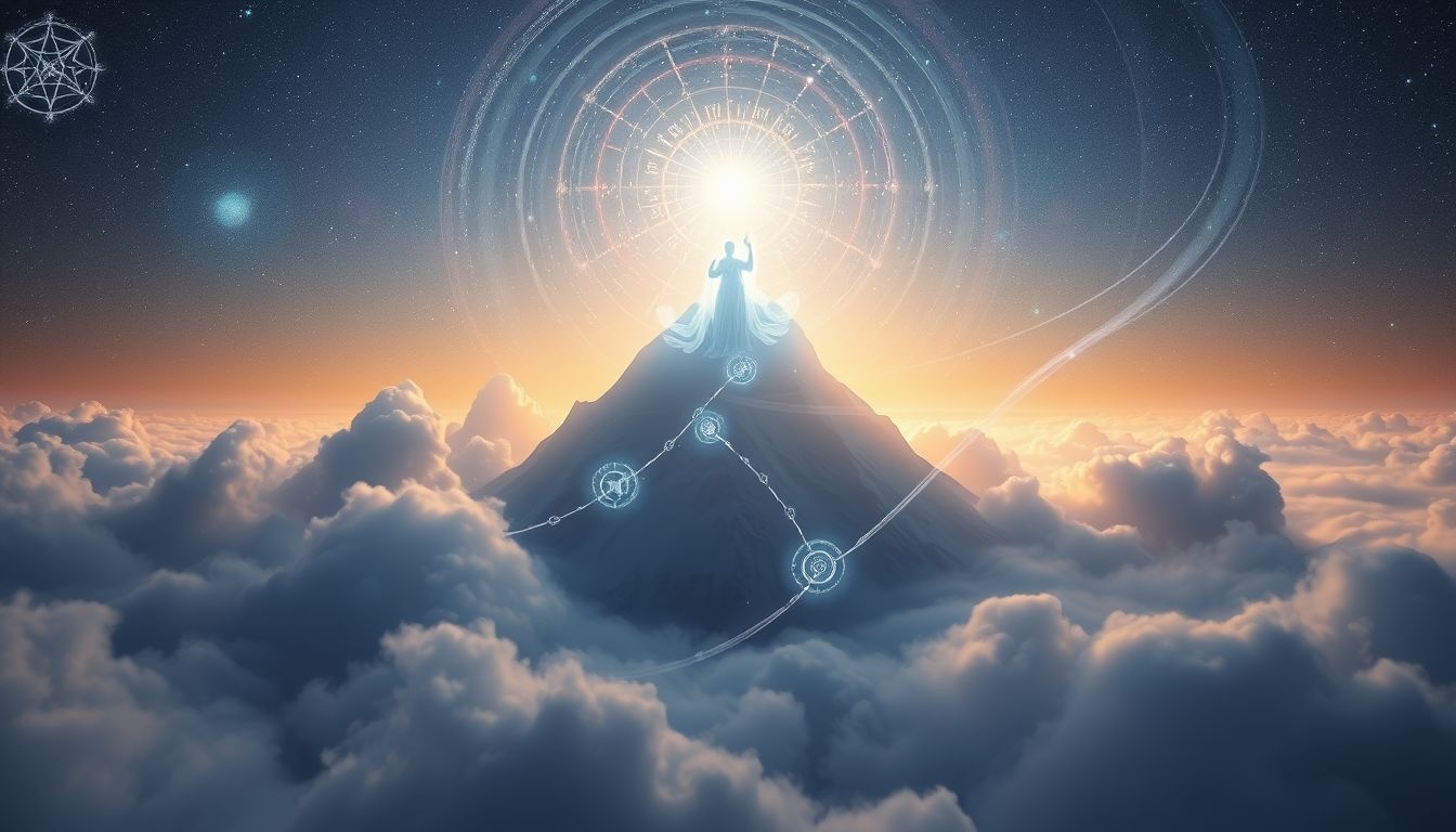 Droom 21 symboliseert spirituele openbaring hoog op een bergtop.