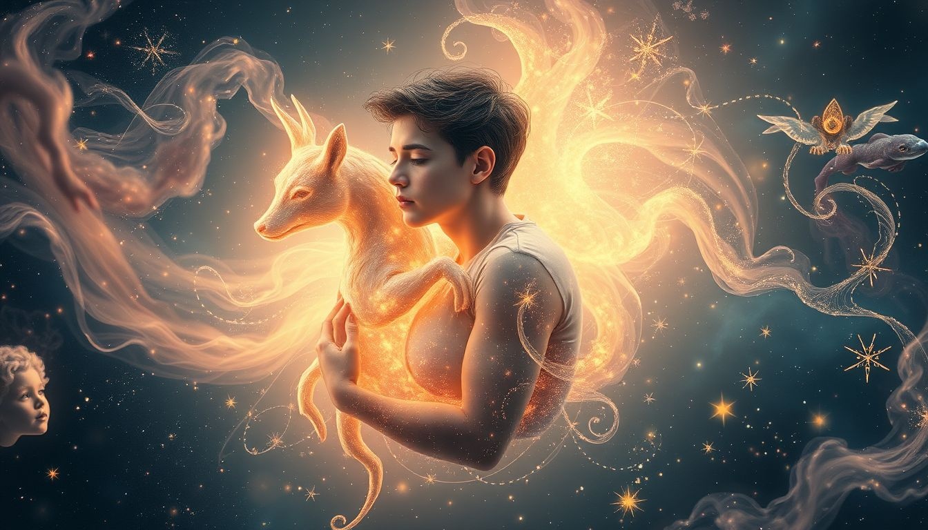 Een jongeman met een dier symboliseert innerlijke kracht en instinct.